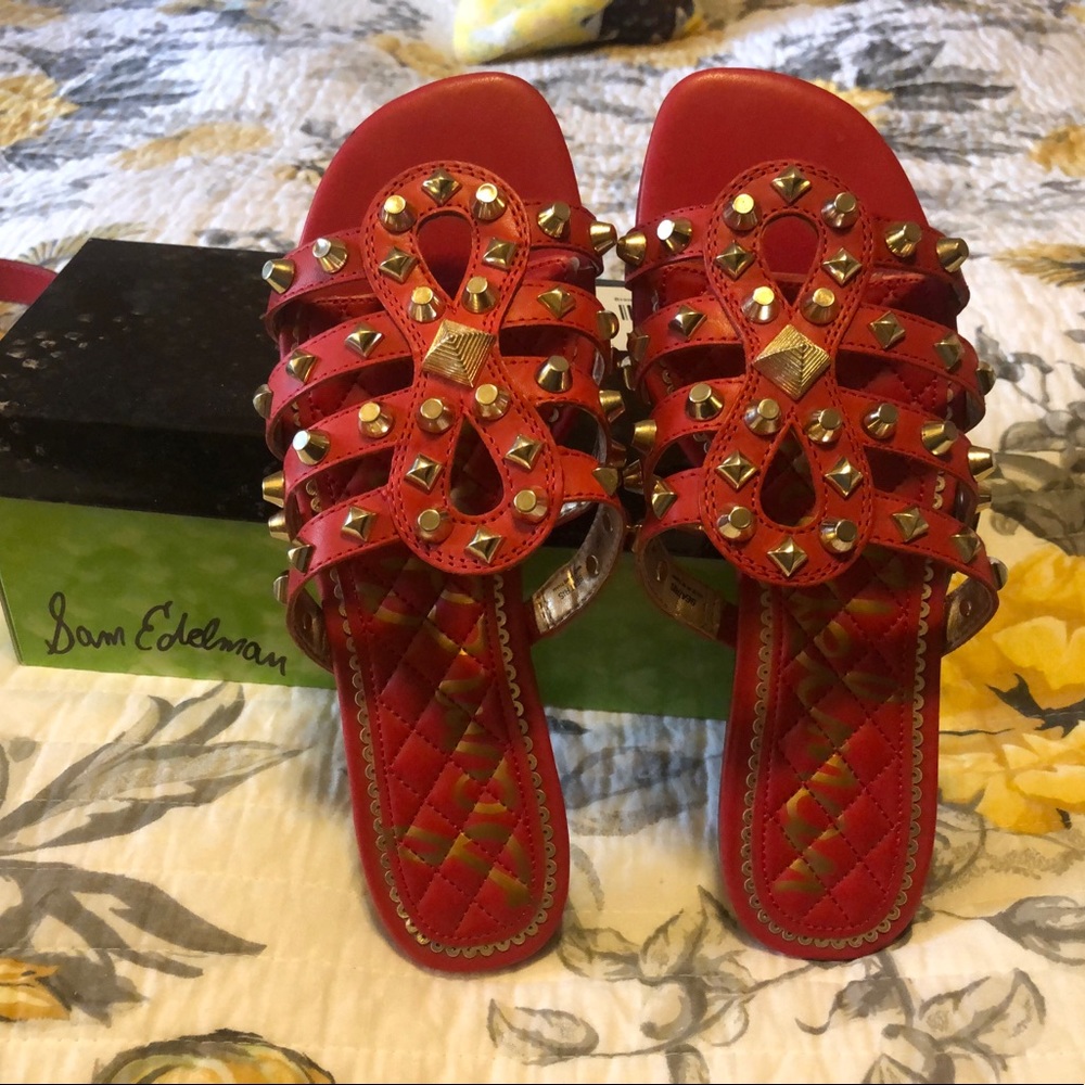 Sam Edelman red leather gold studded sandals size 7.5 with box.